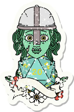 Bir insan tarafından çizilmiş 20 zarlı yarım ork savaşçı karakterinin grunge çıkartması.