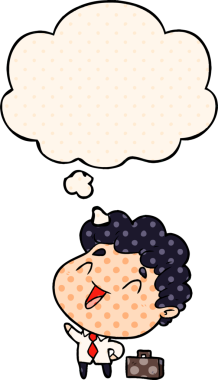 Çizgi roman tarzında bir insan tarafından çizilmiş düşünce baloncuğu olan bir iş adamı.