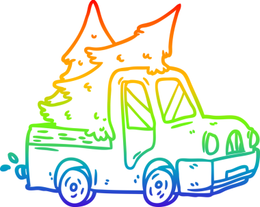 Gökkuşağı gradyan çizgisi bir insan tarafından çizilmiş noel ağaçlarını taşıyan bir kamyonet çiziyor.