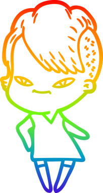 Gökkuşağı gradyan çizimi. Hipster saç kesimi bir insan tarafından çizilmiş şirin bir çizgi film kızı.