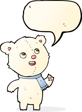 Bir insan tarafından çizilmiş konuşma balonlu eşarp giyen kutup ayısı çizgi filmi.