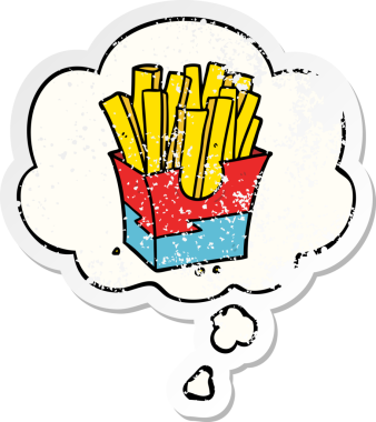 Düşünce baloncuğu olan çizgi film kızartmaları insan tarafından çizilmiş yıpranmış bir çıkartma gibi.