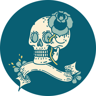 Bir insan tarafından çizilmiş kafatası ve gül şeklinde dövme simgesi