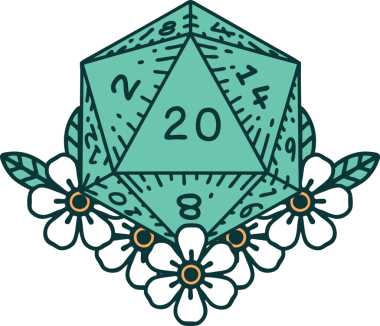 Retro Dövme Biçimi Doğal 20 D20 zar bir insan tarafından çizilmiş çiçek elementleriyle