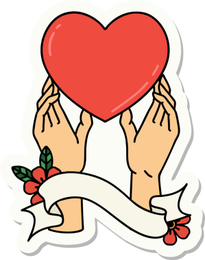 Bir insan tarafından çizilmiş bir kalbe uzanan el pankartlı dövme stili.