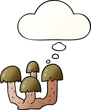 Düşünce baloncuklu karikatür mantarları bir insan tarafından çizilmiş.