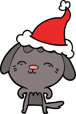 Mutlu el çizimi bir insan tarafından çizilmiş Noel Baba şapkası takan bir köpeğin resmi.