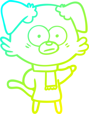 Bir insan tarafından çizilmiş eşarp takan sinirli bir köpeğin çizimi.