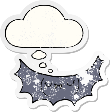 Düşünce baloncuğu olan karikatür vampir yarasası bir insan tarafından çizilmiş yıpranmış bir çıkartma.