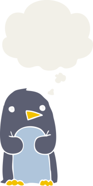 Düşünce baloncuğu olan bir penguen insan tarafından çizilmiş.