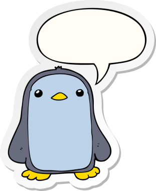 Bir insan tarafından çizilmiş konuşma kabarcığı çıkartmalı sevimli penguen.
