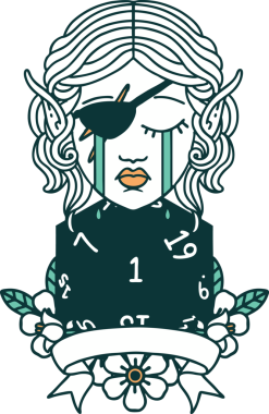 Retro Dövme Tarzı Ağlayan Elf Haydut Karakteri Bir insan tarafından çizilmiş doğal bir D20 rulosu