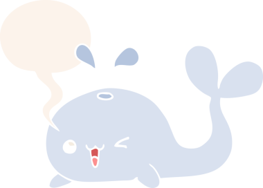 Konuşma baloncuğu olan çizgi film balinası insan tarafından çizilmiş.