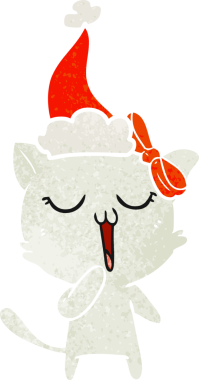 Bir insan tarafından çizilmiş Noel Baba şapkası takan bir kedinin retro karikatürü.