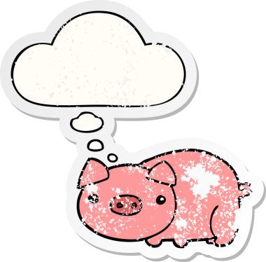 Düşünce baloncuklu çizgi film domuzu bir insan tarafından çizilmiş yıpranmış bir çıkartma.
