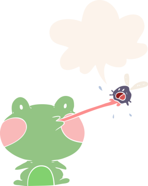 Bir insan tarafından çizilmiş konuşma baloncuğuyla sineği yakalayan sevimli çizgi film kurbağası.