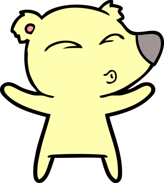 Bir insan tarafından çizilmiş kolları açık bir çizgi film ıslık çalan ayı.