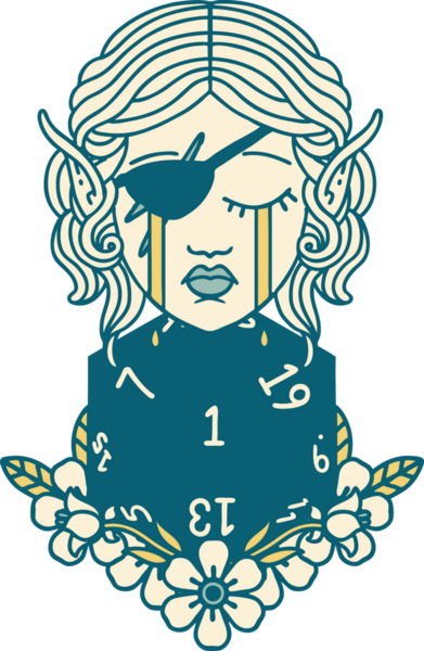 Retro Dövme Tarzı Ağlayan Elf düzenbaz karakter yüzü ve bir insan tarafından çizilmiş doğal bir D20 rulo