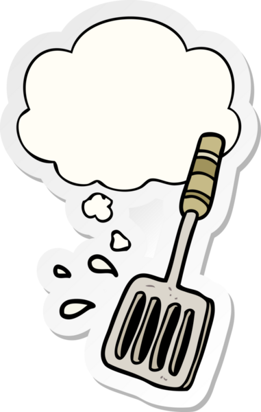 İnsan tarafından çizilmiş bir çıkartma olarak düşünce baloncuklu çizgi film spatulası.