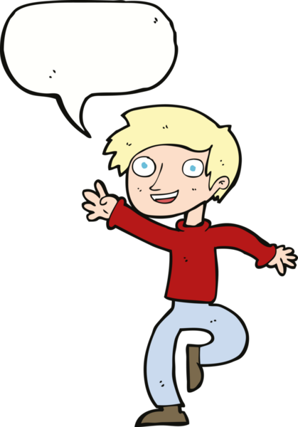 Bir insan tarafından çizilmiş konuşma balonuyla dans eden heyecanlı çocuk.