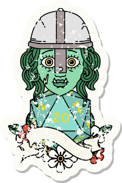 Bir insan tarafından çizilmiş 20 zarlı yarım ork savaşçı karakterinin grunge çıkartması.