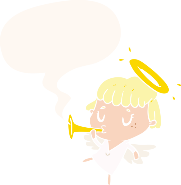 Bir insan tarafından çizilmiş eski moda konuşma baloncuğu olan sevimli bir karikatür melek.