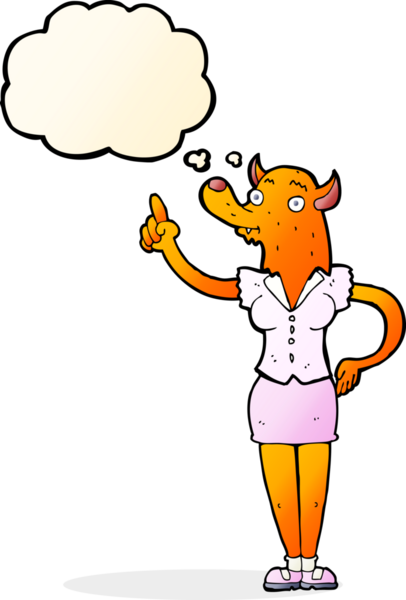 Bir insan tarafından çizilmiş düşünce balonlu tilki kadın.