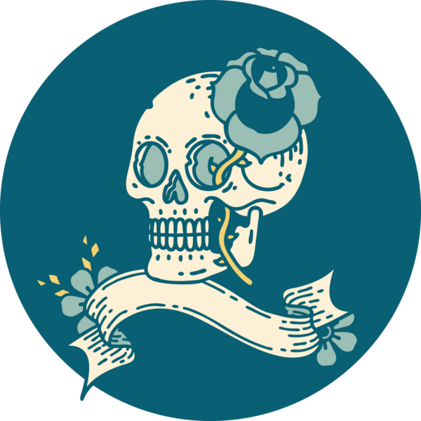 Bir insan tarafından çizilmiş kafatası ve gül şeklinde dövme simgesi