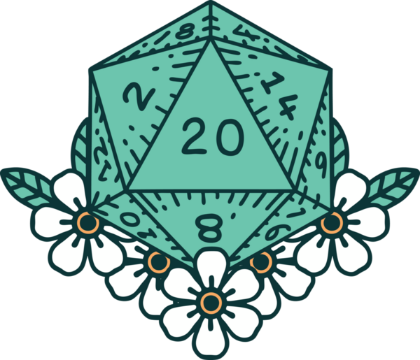Retro Dövme Biçimi Doğal 20 D20 zar bir insan tarafından çizilmiş çiçek elementleriyle