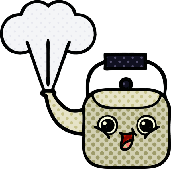 Bir insan tarafından çizilmiş dumanı tüten bir çaydanlığın çizgi romanı.