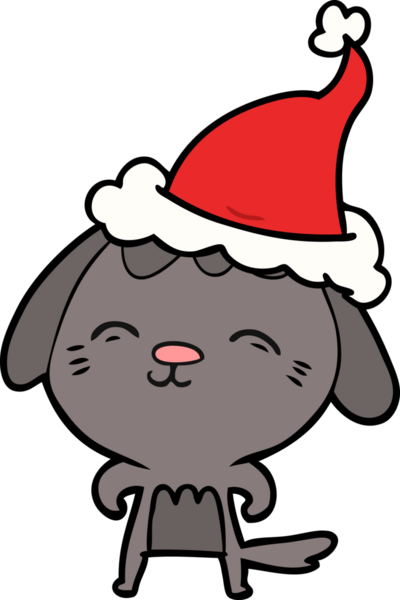 Mutlu el çizimi bir insan tarafından çizilmiş Noel Baba şapkası takan bir köpeğin resmi.