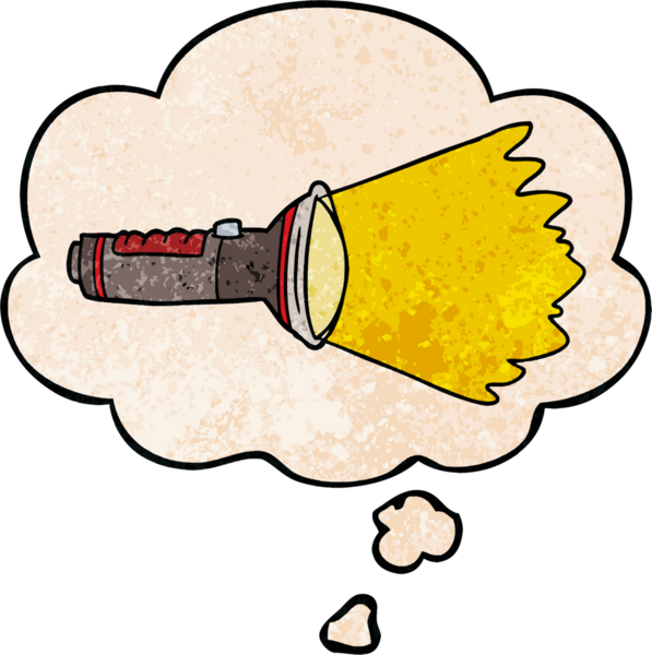 Bir insan tarafından çizilmiş grunge desenli düşünce baloncuklu karikatür elektrikli meşale.