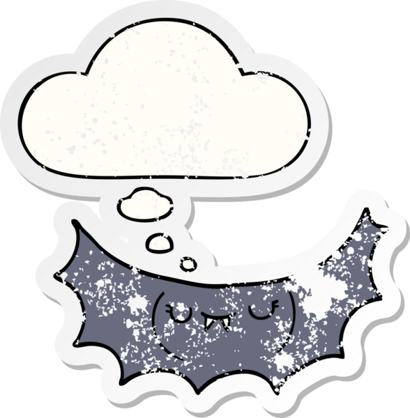 Düşünce baloncuğu olan karikatür vampir yarasası bir insan tarafından çizilmiş yıpranmış bir çıkartma.