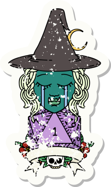 Retro Dövme Tarzı Ağlayan Yarı Ork Cadı Karakteri Bir insan tarafından çizilmiş doğal bir rulo