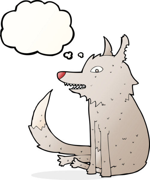 Bir insan tarafından çizilmiş düşünce baloncuğuyla oturan bir kurt.