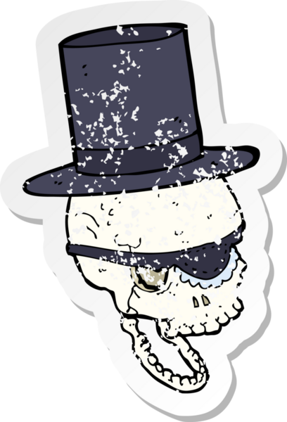 Bir insan tarafından çizilmiş silindir şapkalı bir karikatür kafatasının gerilemiş çıkartması.