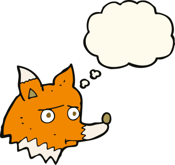 Bir insan tarafından çizilmiş düşünce kabarcığı olan mutsuz tilki çizgi filmi.