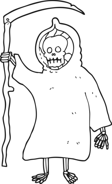 Bir insan tarafından çizilmiş siyah beyaz çizgi film korkunç ölüm figürü.