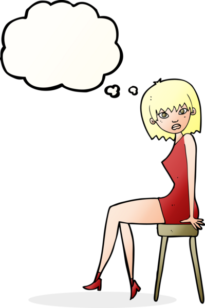 Bir insan tarafından çizilmiş düşünce baloncuğuyla taburede oturan karikatür kadın.