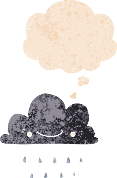 Düşünce baloncuklu çizgi film fırtına bulutu grunge sıkıntılı retro dokuma tarzı bir insan tarafından çizilmiş