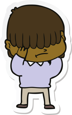 Bir insan tarafından çizilmiş dağınık saçlı çizgi film çocuğunun çıkartması.