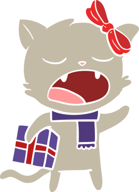 Bir insan tarafından çizilmiş noel hediyeli düz renkli çizgi film kedisi.