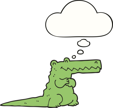 Bir insan tarafından çizilmiş düşünce baloncuklu timsah çizgi filmi.