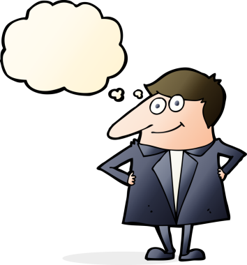 Bir insan tarafından çizilmiş düşünce balonlu takım elbiseli mutlu bir adam.