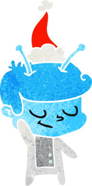 Bir insan tarafından çizilmiş Noel Baba şapkası giyen bir uzay adamının dostane el çizimi karikatürü.