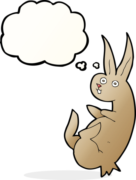 Bir insan tarafından çizilmiş düşünce balonlu çizgi film tavşanı.