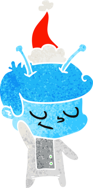 Bir insan tarafından çizilmiş Noel Baba şapkası giyen bir uzay adamının dostane el çizimi karikatürü.