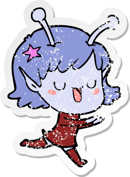 Bir insan tarafından çizilmiş mutlu uzaylı kız çizgi filminin sıkıntılı çıkartması.