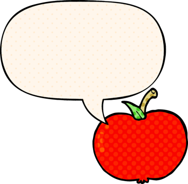 bir insan tarafından çizilmiş çizgi roman tarzında konuşma baloncuklu çizgi film elması.
