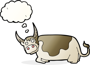 Bir insan tarafından çizilmiş düşünce baloncuklu çizgi film boğası.